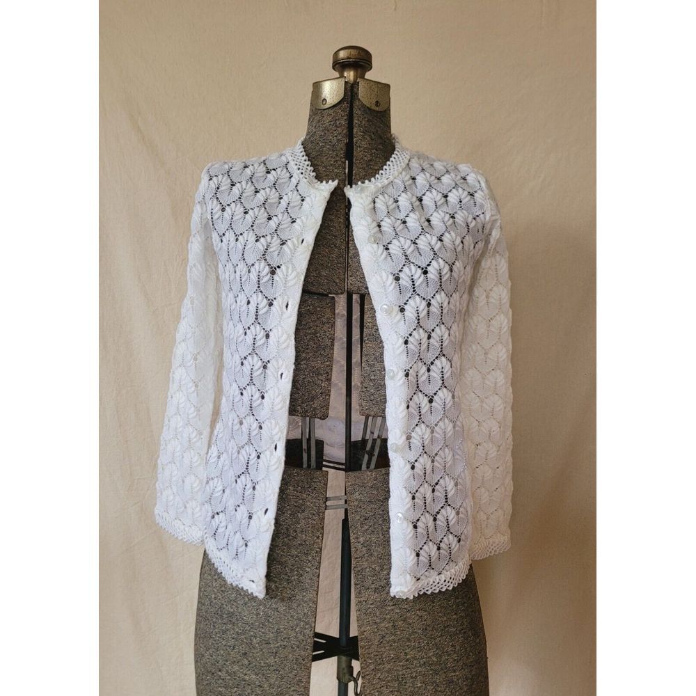 Vintage 60s 70s Mod‎ Sheer Button Up Sweater Cardigan White